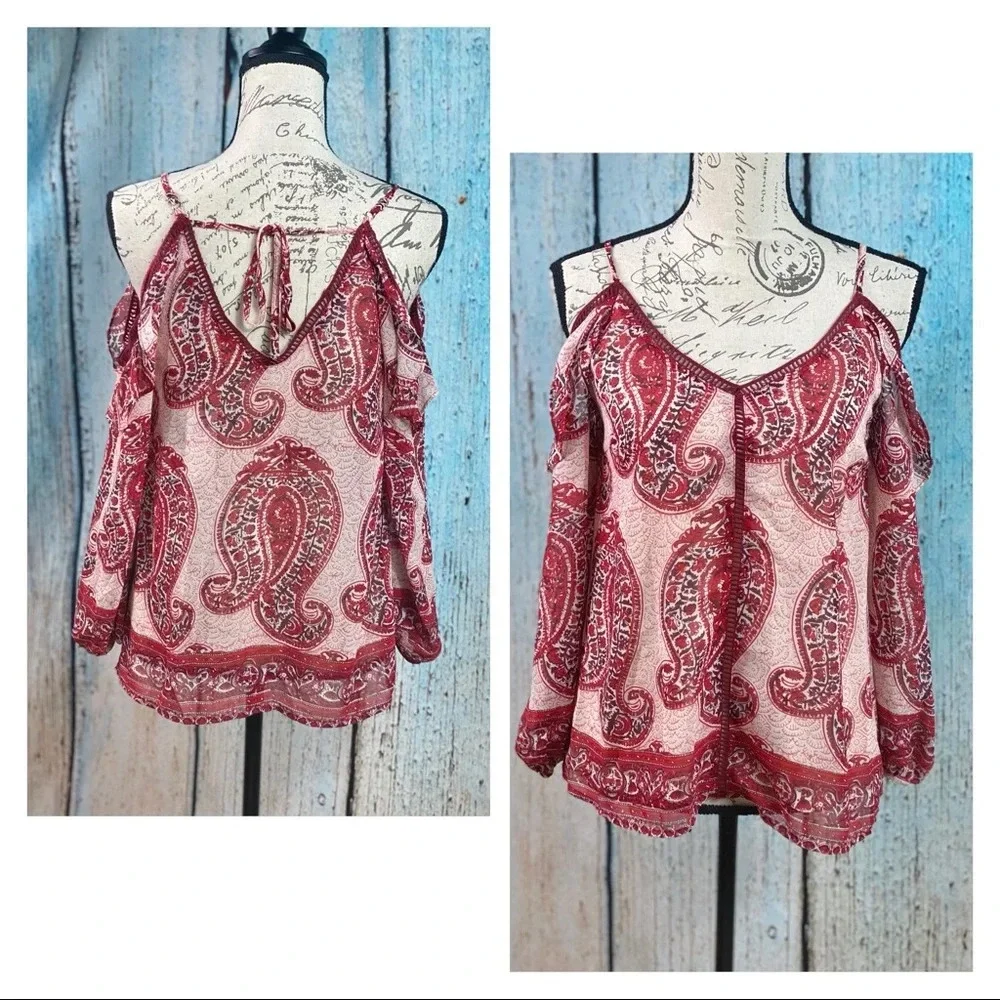 Anthropologie NWT Skies Are Blue Wine Paisley Lattice Cold Shoulder Top